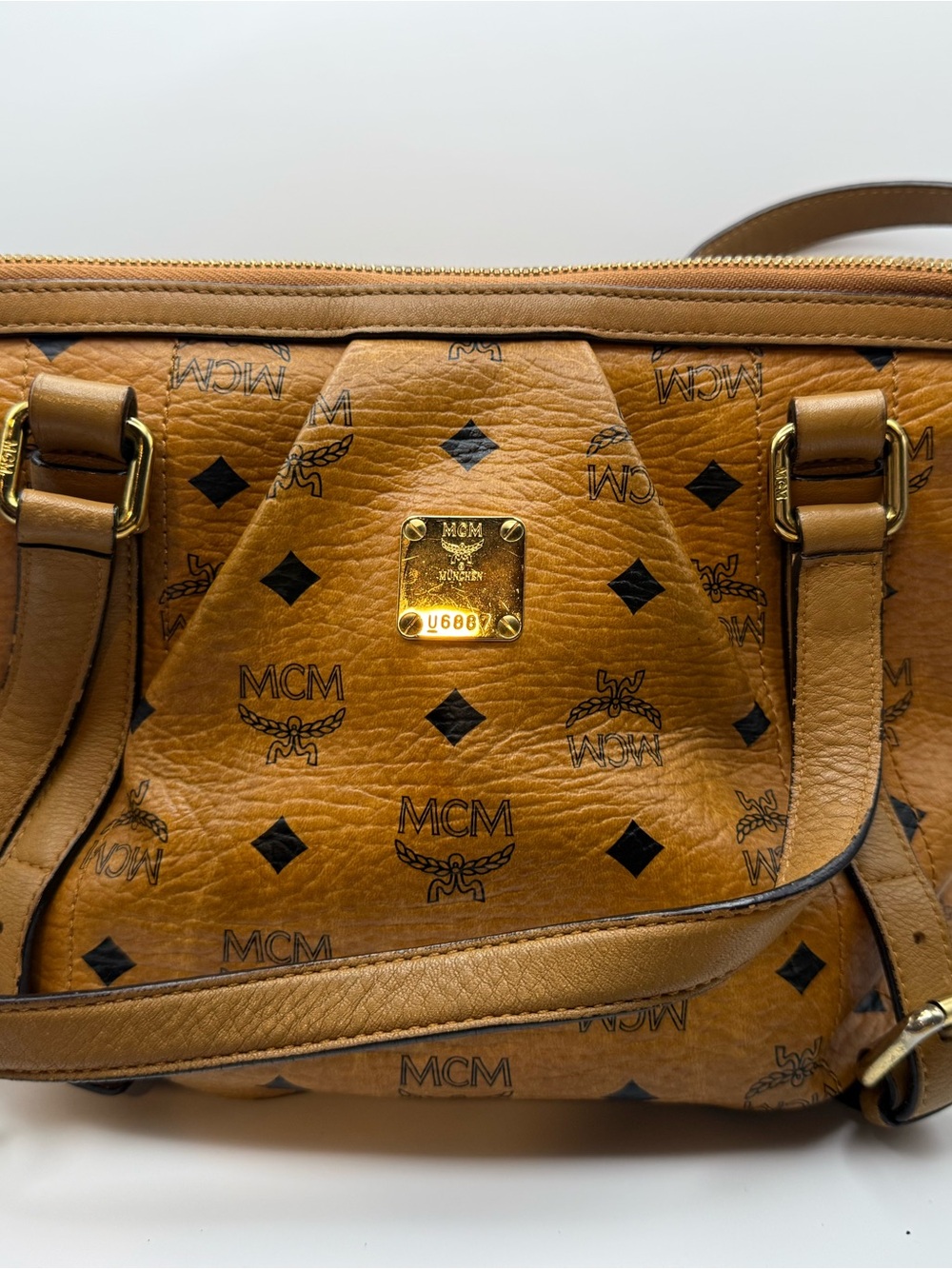 MCM Cognac Visetos Monogram Shoulder Bag with Gold Plaque